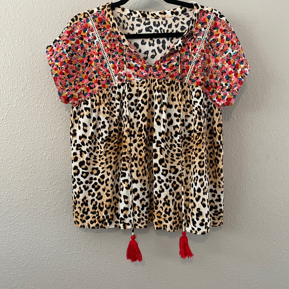 Embroidered Cheetah Print Top Medium Oversized Bohemian Boho Chic Festival Artsy